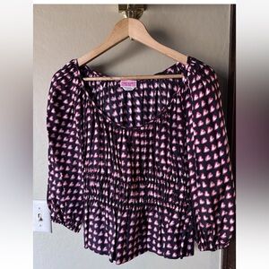 Kate Spade New York Fancy Hearts Riviera Blouse Black Pink Ruffle Size S NWOT